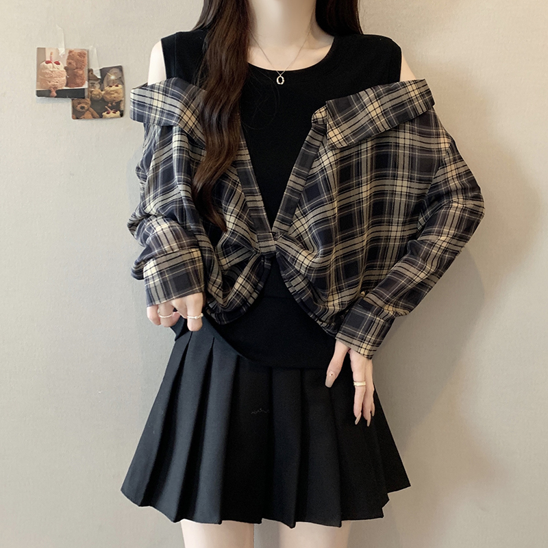 假兩件寬鬆顯瘦遮肉長袖格子襯衫