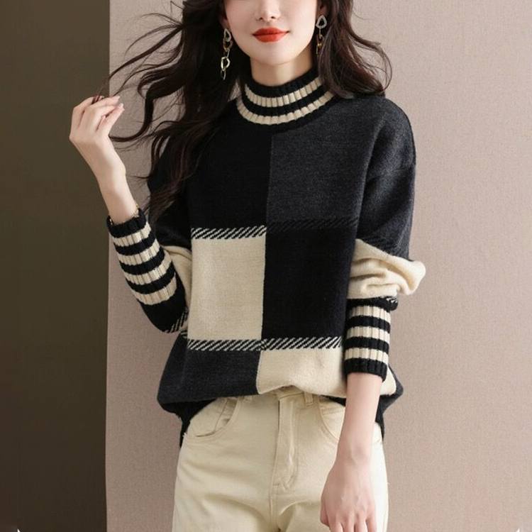 韓系慵懶風寬鬆軟糯拼色針織衫(2色)