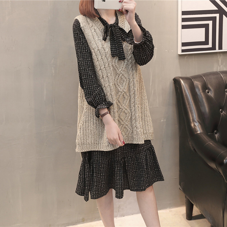 韓系針織無袖馬甲中長款連身裙兩件套