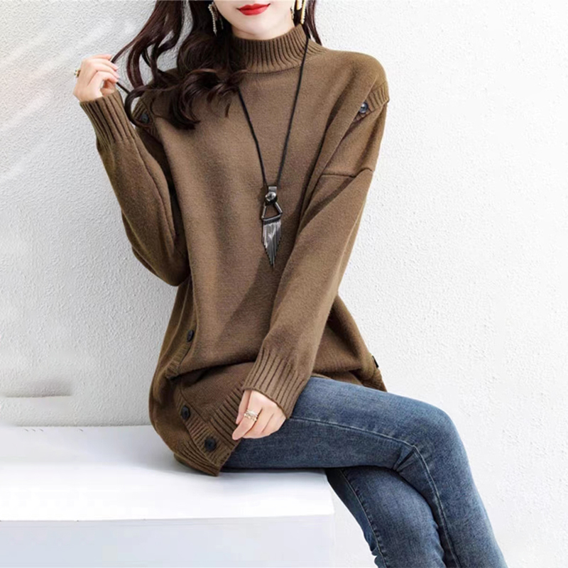 法式時尚寬鬆半高領顯瘦遮肚針織毛衣連身裙(2色)