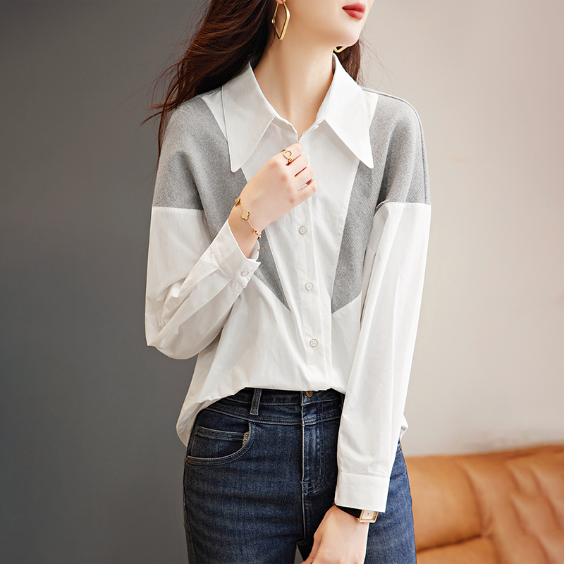 休閒舒適寬鬆撞色拼接長袖襯衫