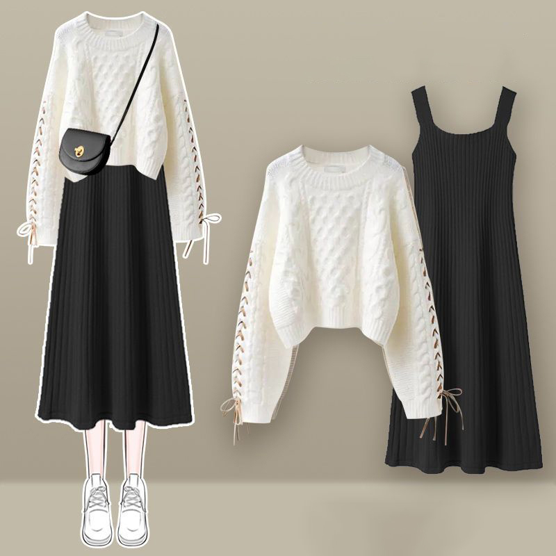 法式桔梗設計感針織毛衣無袖連身裙兩件套(3色)
