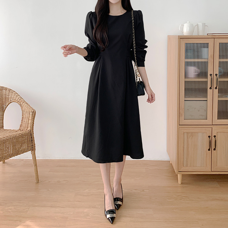 韓系氣質圓領燈籠七分袖別緻收腰顯瘦連身裙(2色)