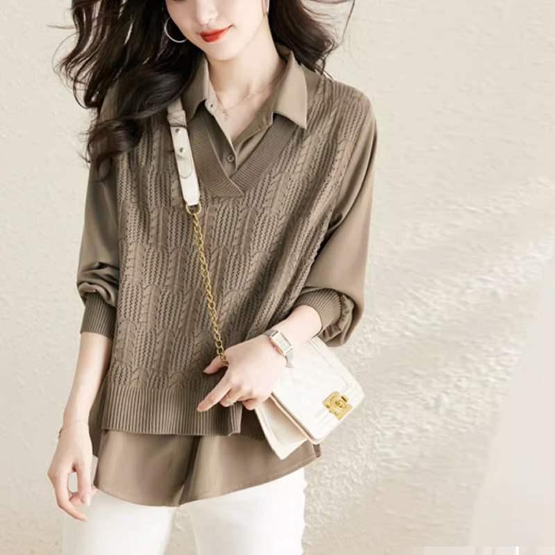別緻洋氣長袖拼接襯衫假兩件針織衫(5色)