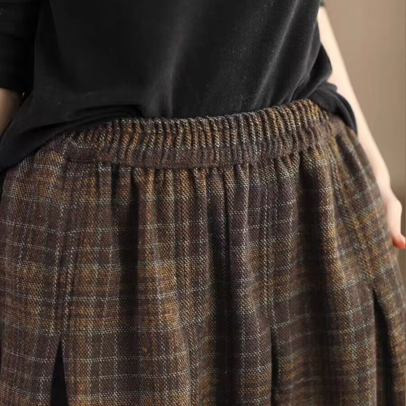 復古格紋高腰中長款半身裙