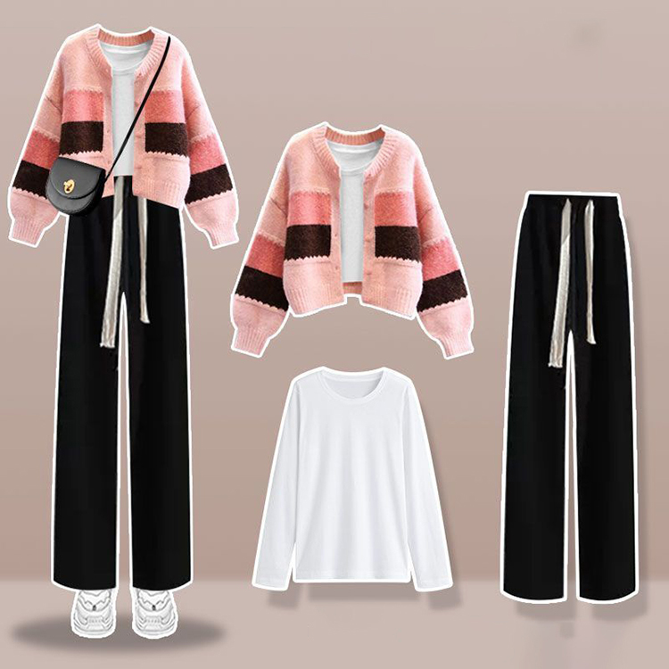 洋氣針織開襟衫+白色長袖T卹+顯瘦休閒寬褲三件套(4色)