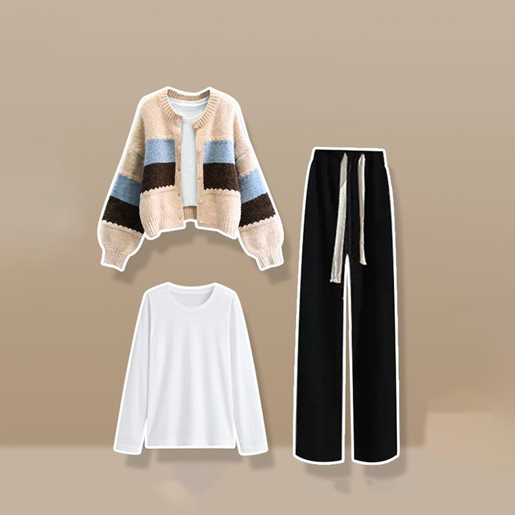 洋氣針織開襟衫+白色長袖T卹+顯瘦休閒寬褲三件套(4色)