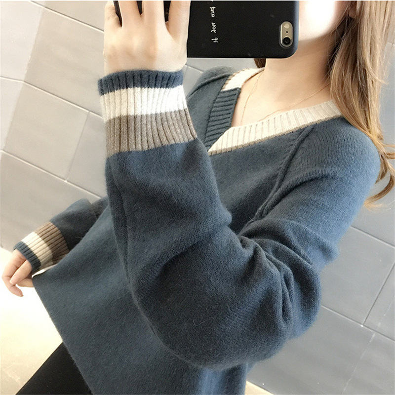 休閒洋氣撞色V領插肩袖針織毛衣(4色)