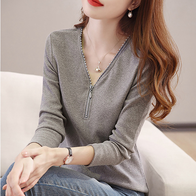 韓系設計感修身百搭V領長袖T恤