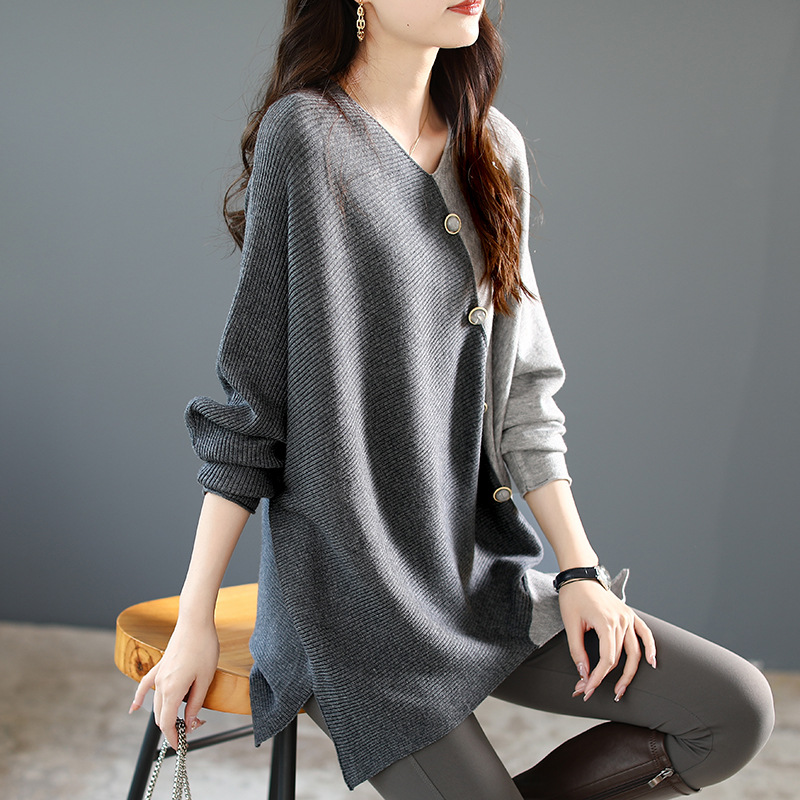 蝙蝠袖撞色拼接寬鬆針織衫