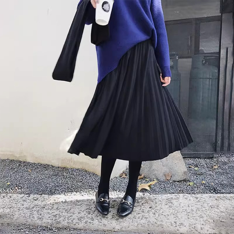 A字百褶鬆緊高腰中長款半身裙(3色)