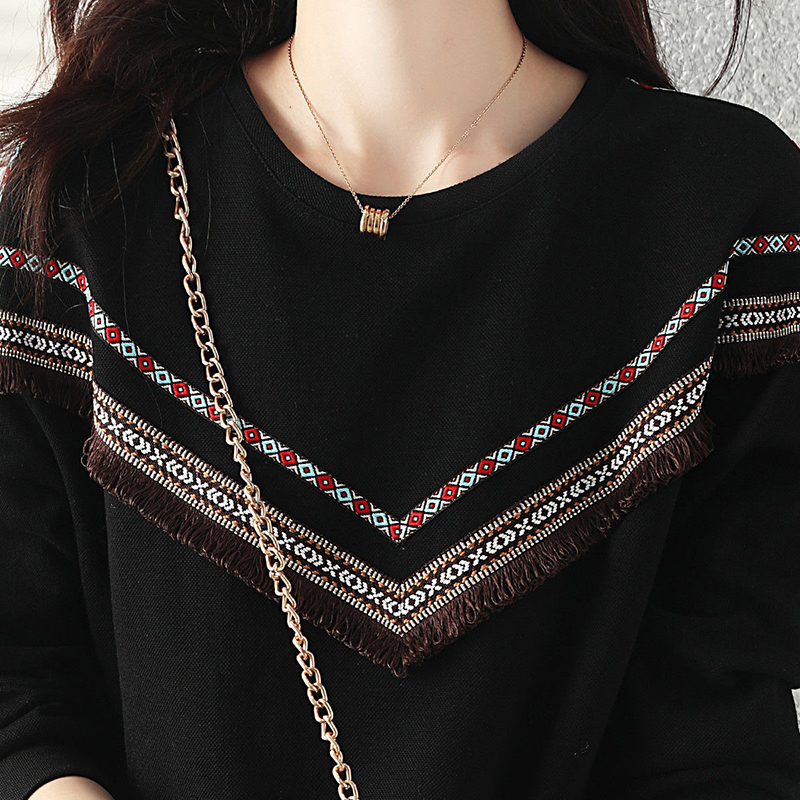 時尚拼接撞色流蘇設計落肩袖衛衣