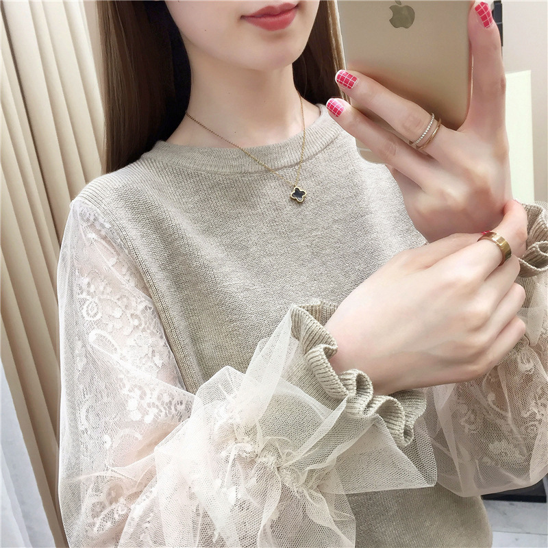 洋氣拼接蕾絲燈籠袖圓領針織衫(4色)