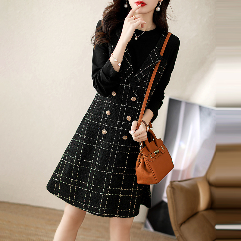 時尚假兩件優雅輕熟格紋連身裙