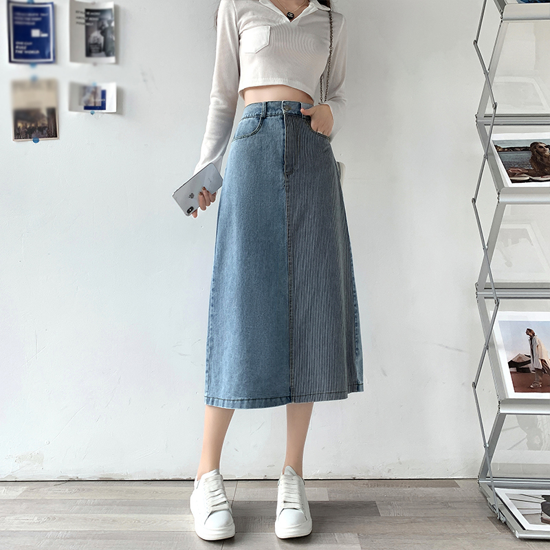 百搭拼色高腰後開叉A字牛仔裙