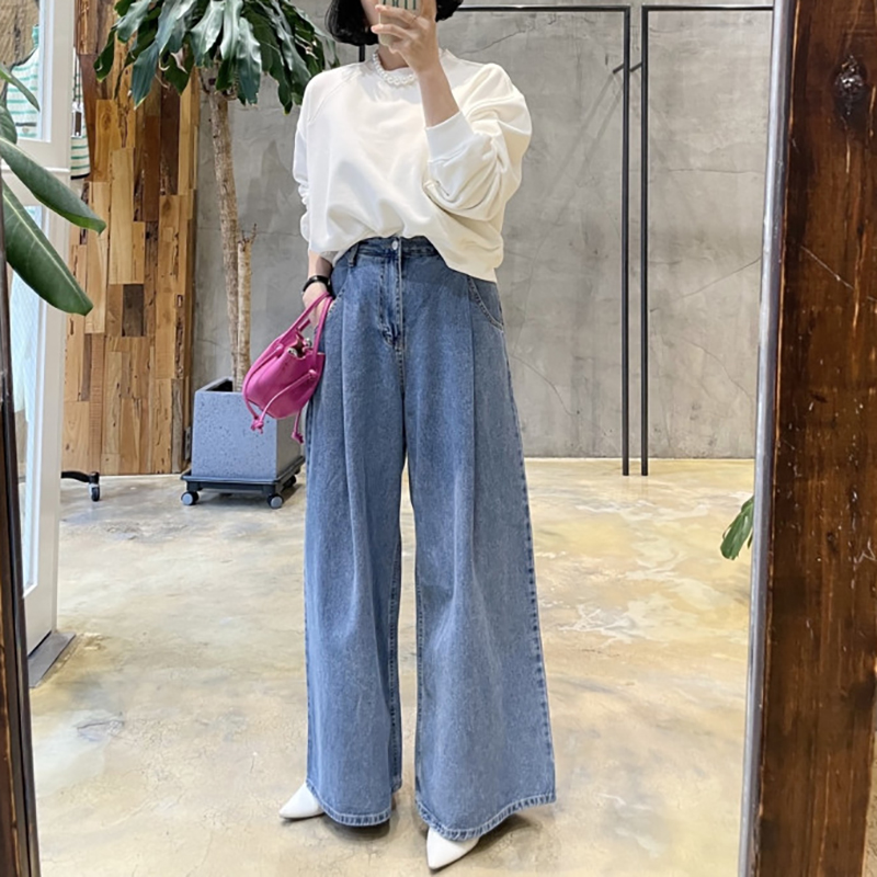 復古百搭壓褶高腰顯瘦闊腿牛仔褲