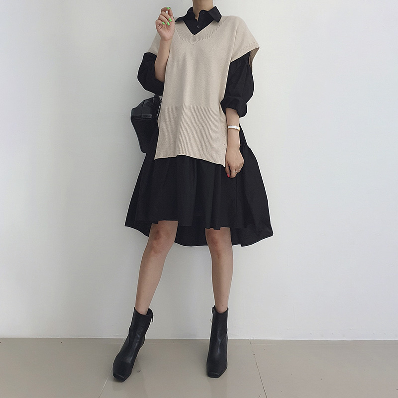 韓系針織馬甲落肩燈籠袖大擺襯衫裙