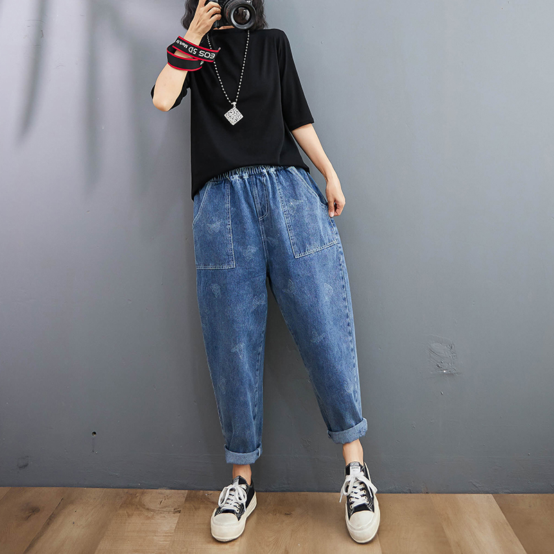 復古百搭印花哈倫牛仔褲