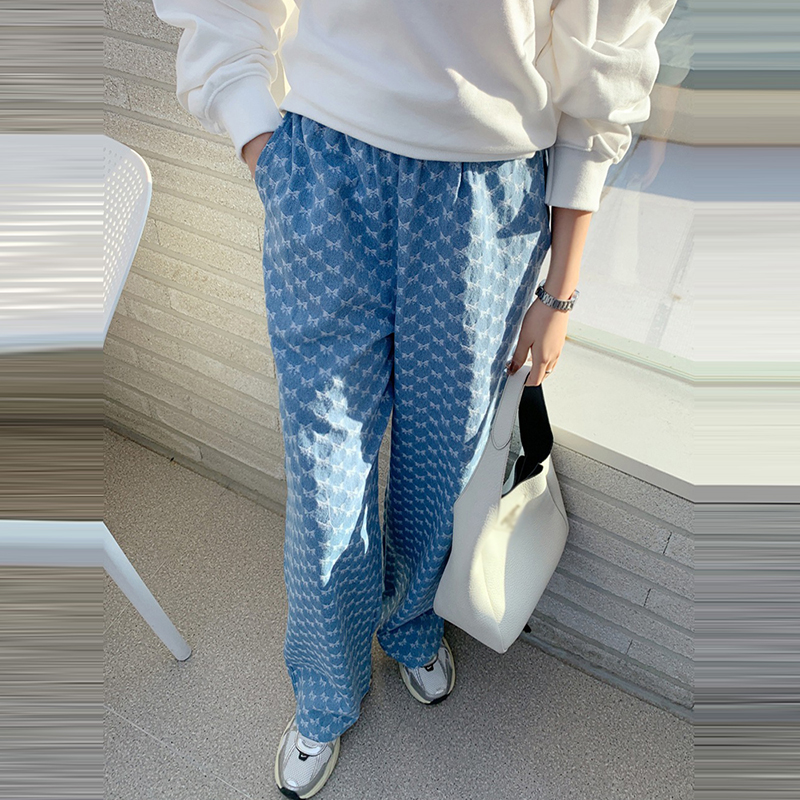 韓系復古蝴蝶結提花直筒繫帶水洗牛仔褲