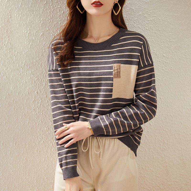 韓系氣質寬鬆百搭低圓領條紋針織衫(4色)