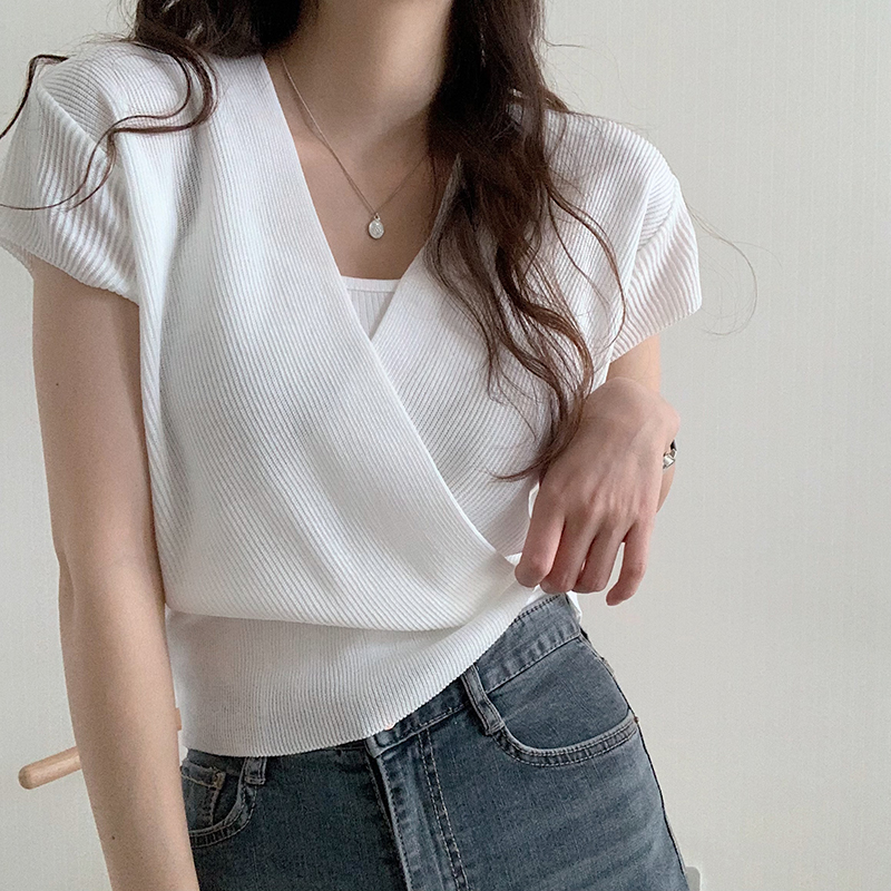 韓系交叉V領短袖針織衫(5色)