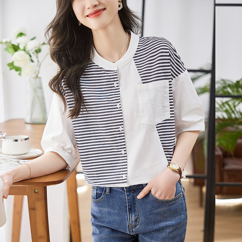 簡約休閒拼接條紋五分袖襯衫