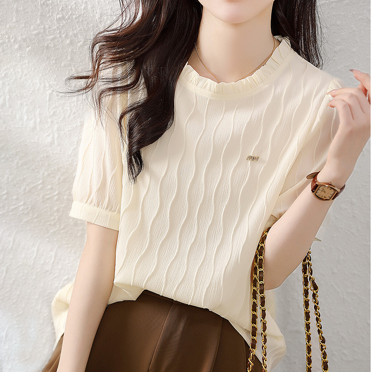 法式優雅木耳邊肌理壓花短袖小衫