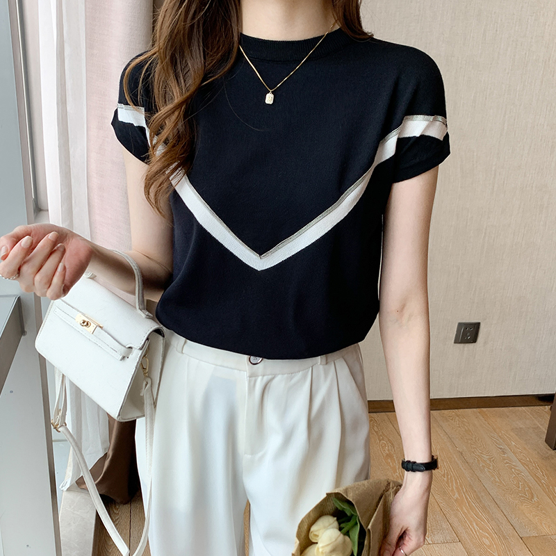 簡約圓領撞色連肩短袖針織衫