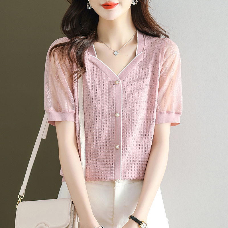 法式方領拼接蕾絲短袖T恤小衫(4色)