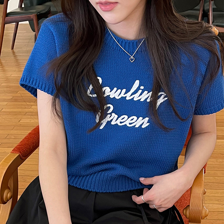 韓系百搭重工刺繡薄款短袖針織衫(2色)