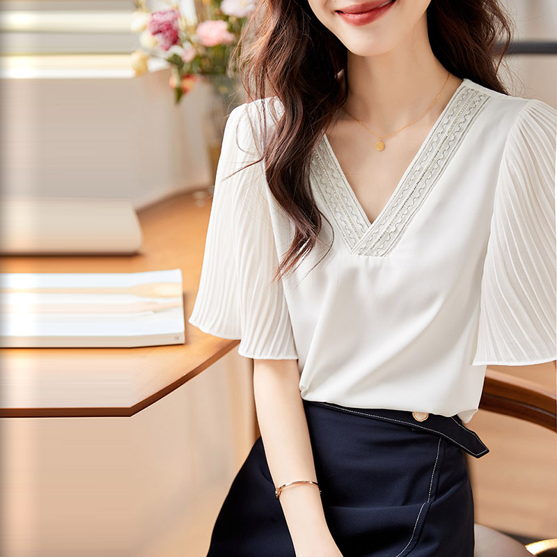 時尚V領拼接荷葉薄紗短袖小衫(2色)