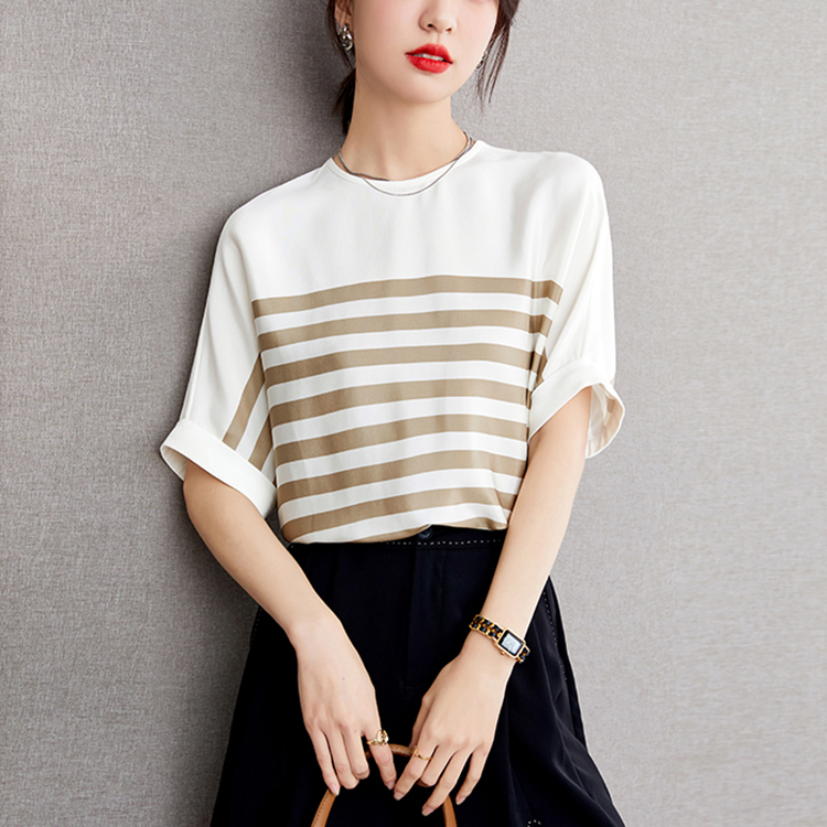 優雅條紋圓領落肩短袖小衫