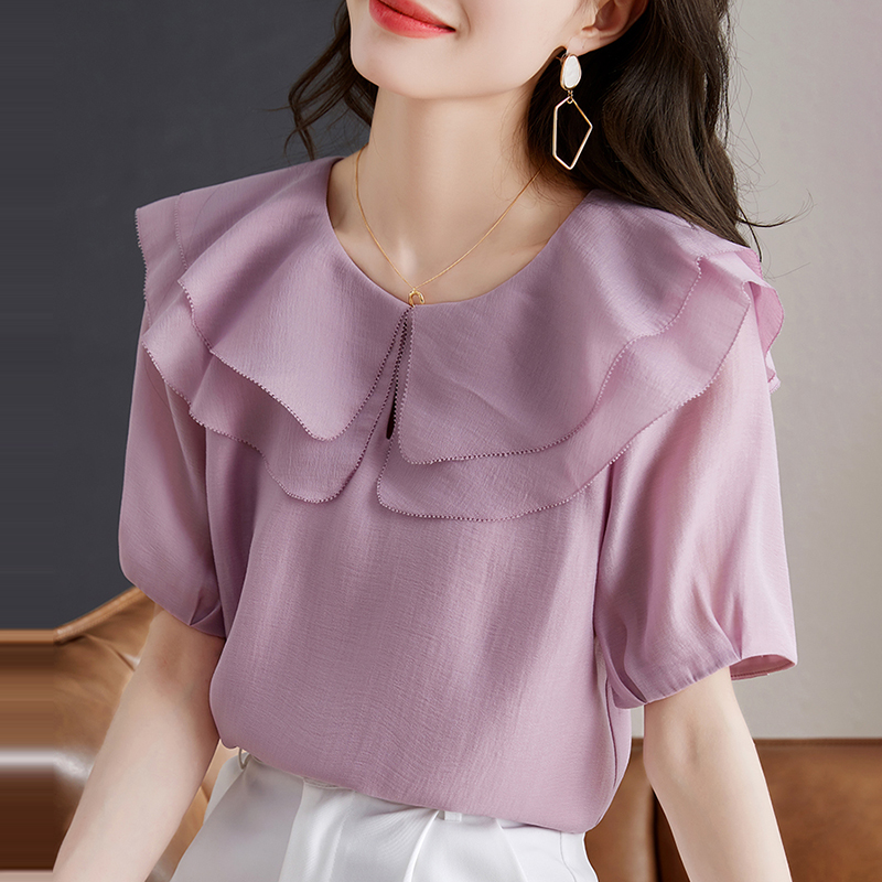 設計感小眾紫色荷葉領短袖小衫