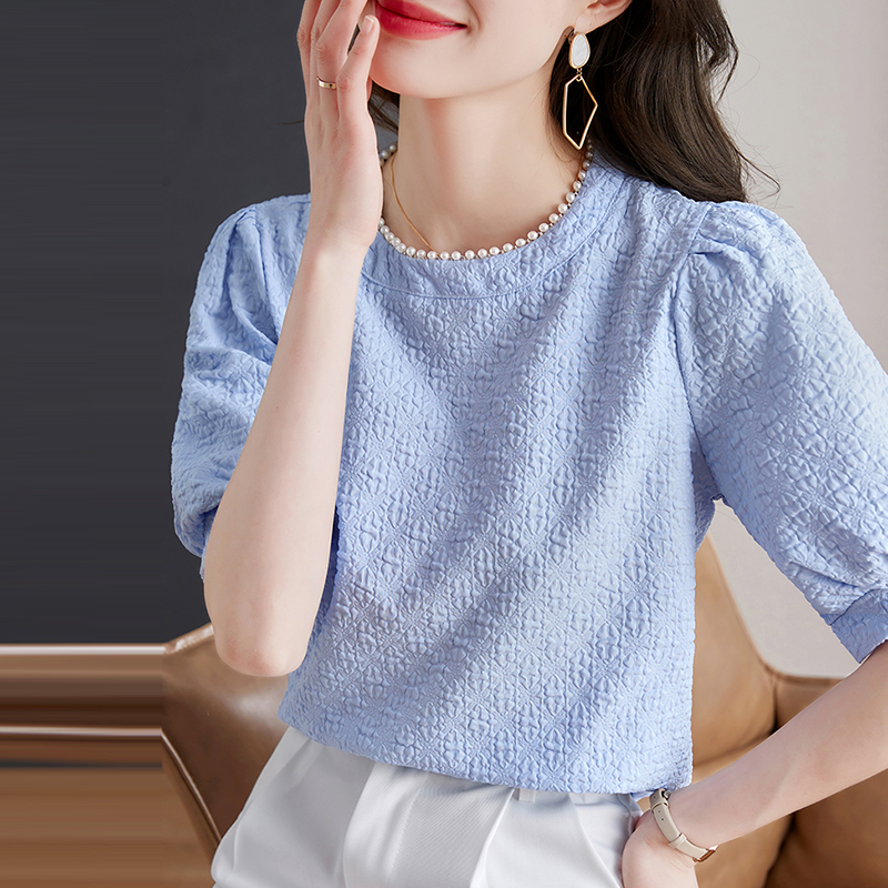 釘珠圓領立體壓皺泡泡短袖小衫