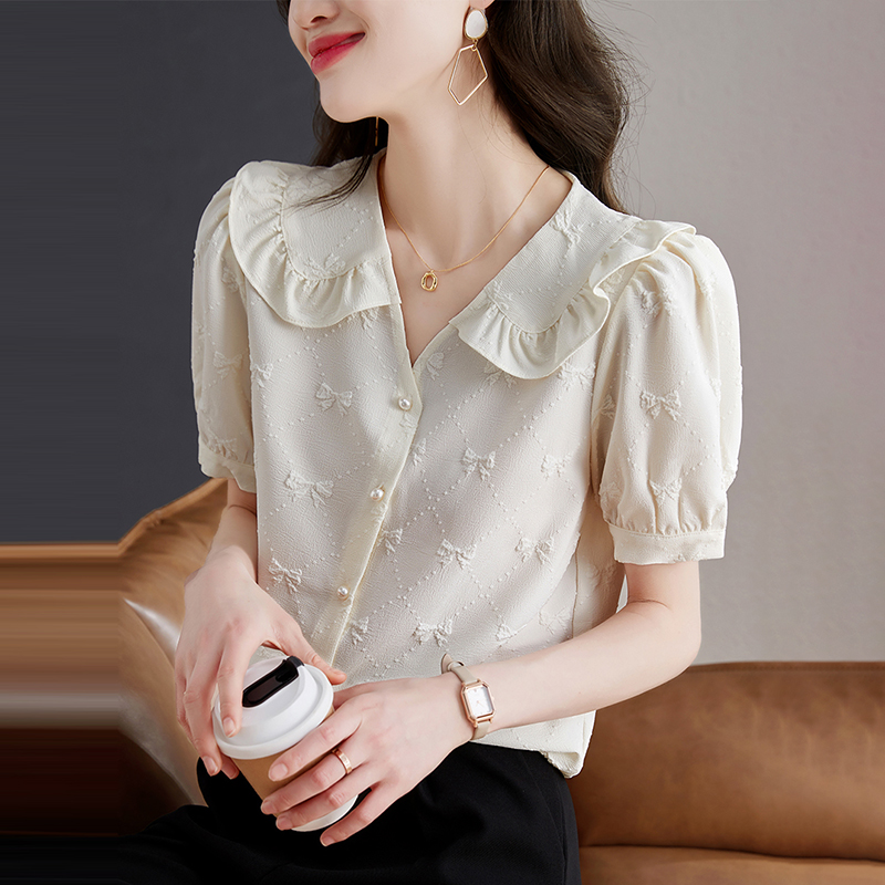 韓系V領立體蝴蝶結泡泡短袖襯衫