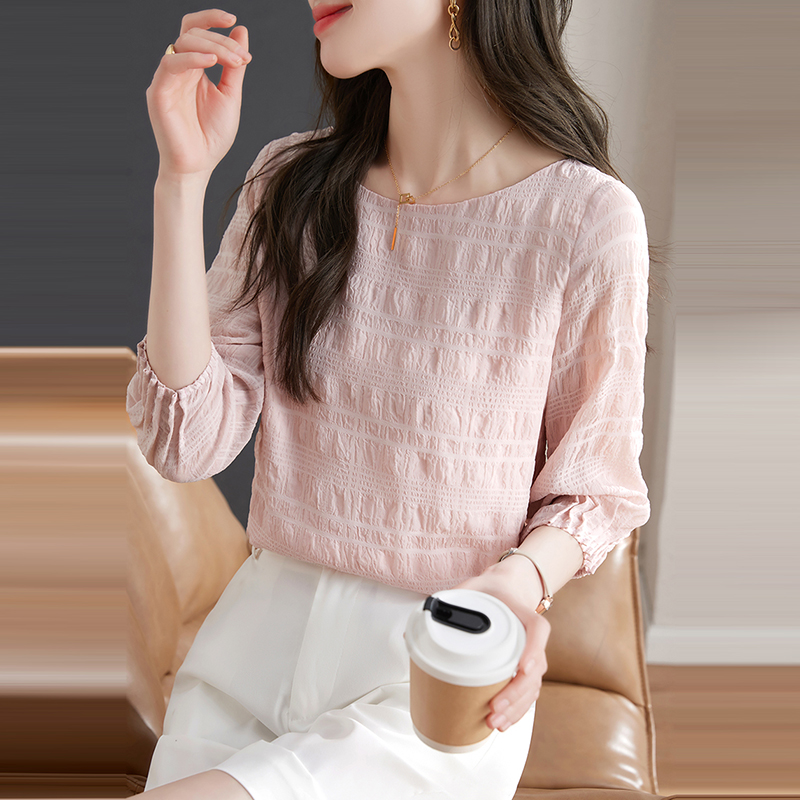 甜系圓領壓褶皺七分袖小衫