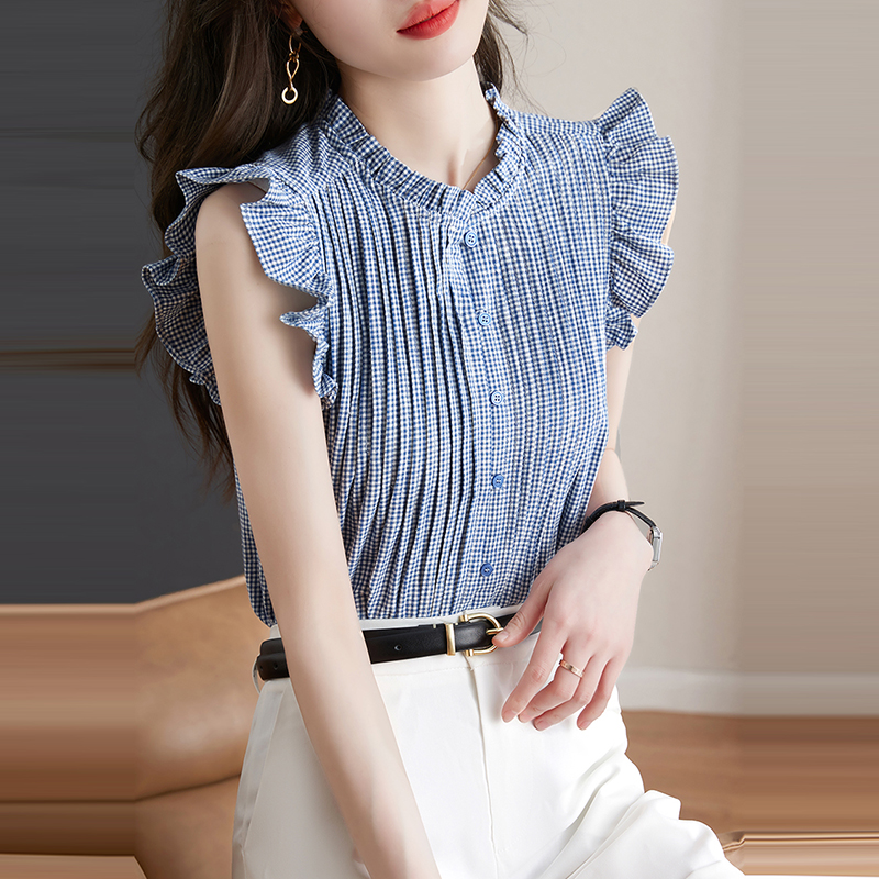 法式半開領格子荷葉邊無袖襯衫