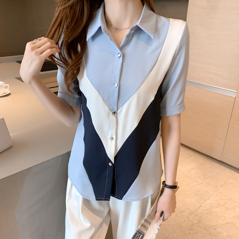 韓系POLO領拼色短袖單排釦襯衫