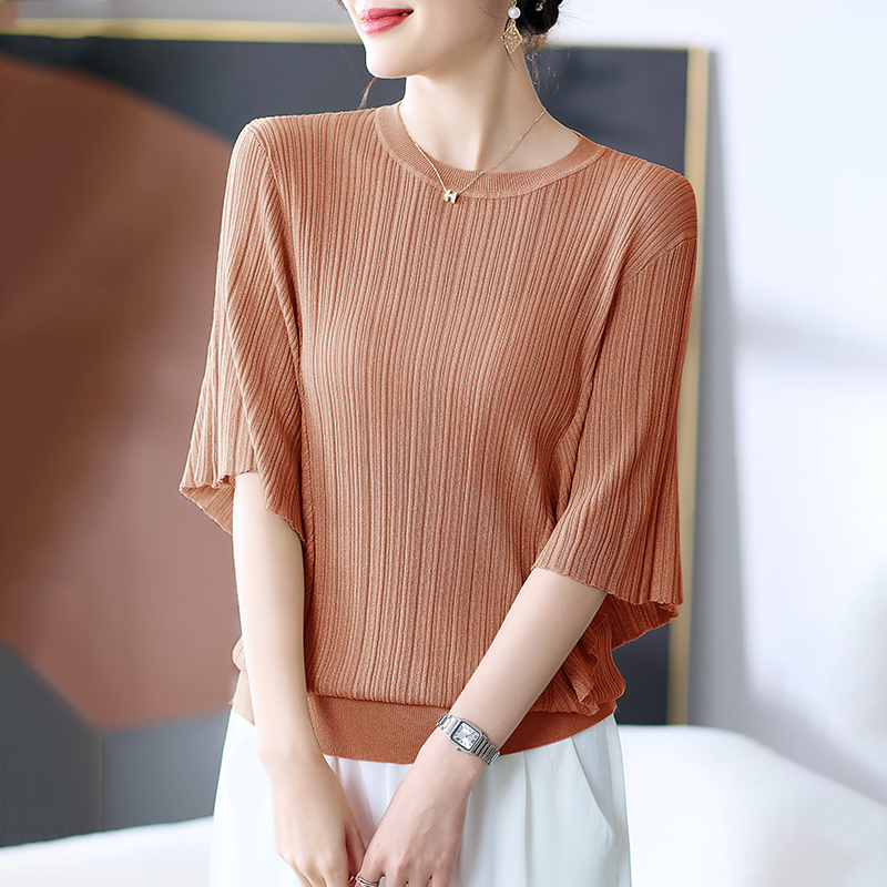 優雅圓領肌理豎條蝙蝠短袖T恤(4色)