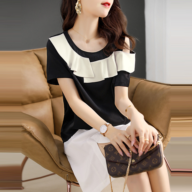 時尚圓領露肩荷葉邊設計短袖T恤