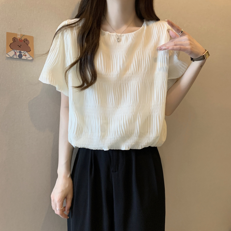 圓領肌理感壓褶泡泡短袖小衫