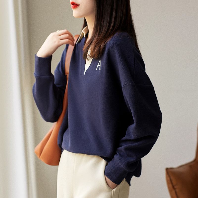 翻領撞色無帽V領寬鬆衛衣(2色)