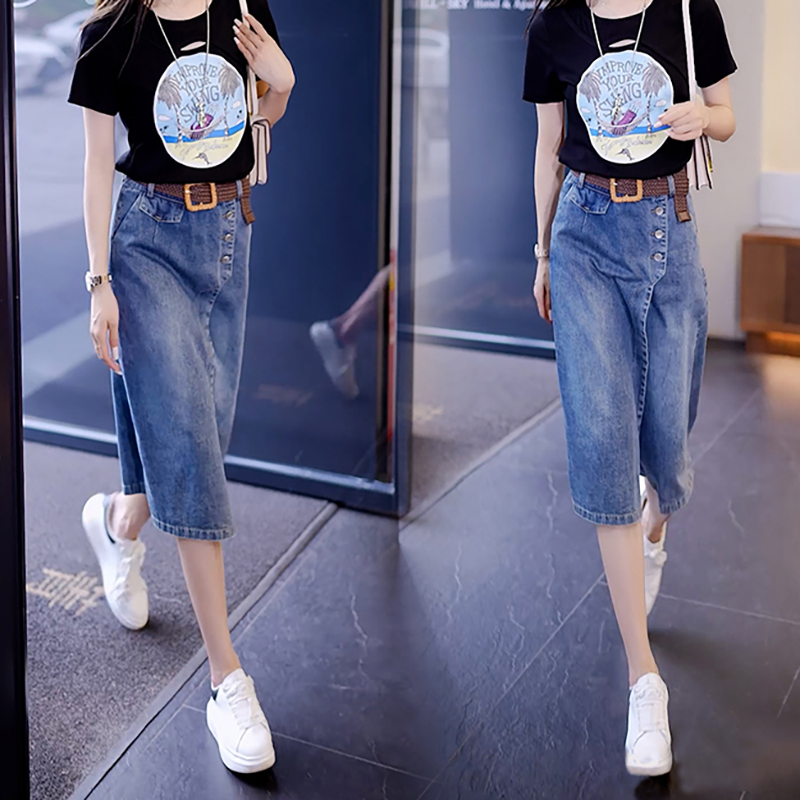 薄款七分高腰寬鬆闊腿牛仔裙褲