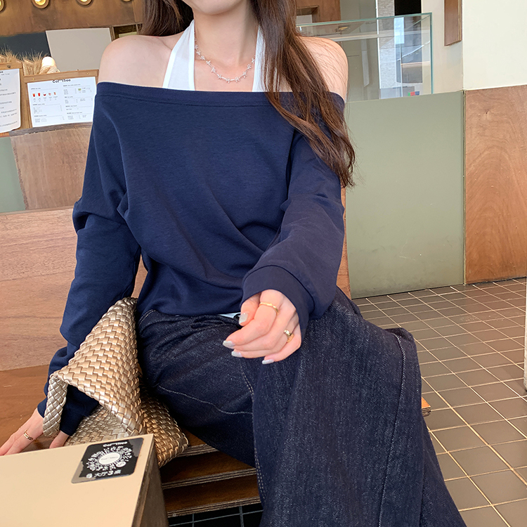 韓系掛脖一字領露肩假兩件長袖衛衣(2色)