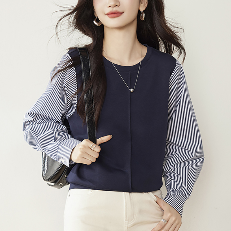 條紋拼接設計假兩件衛衣