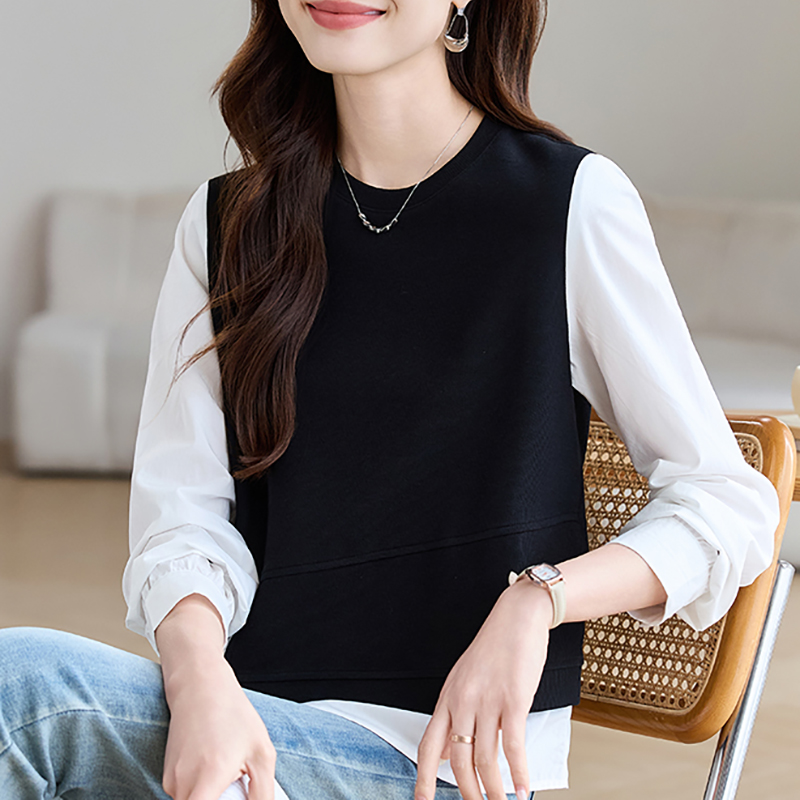 假兩件針織拼接長袖襯衫