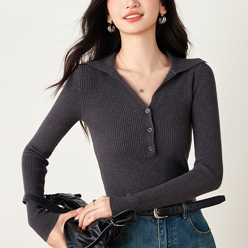 時尚百搭翻領修身針織衫(2色)