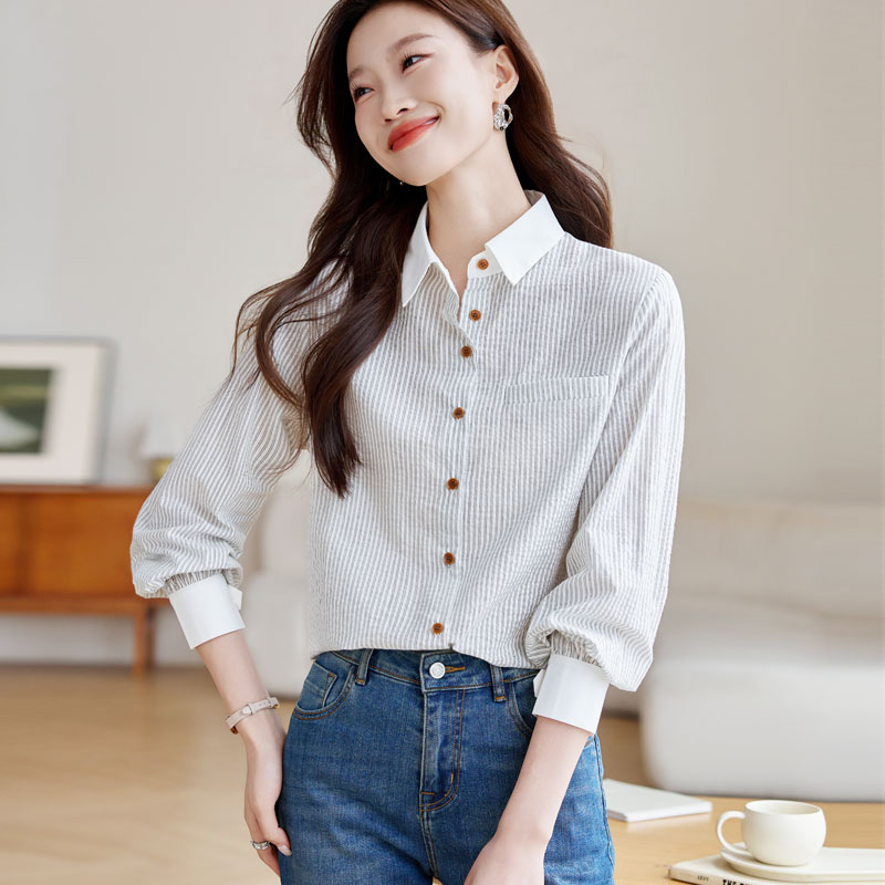 落肩寬鬆職業通勤條紋長袖襯衫