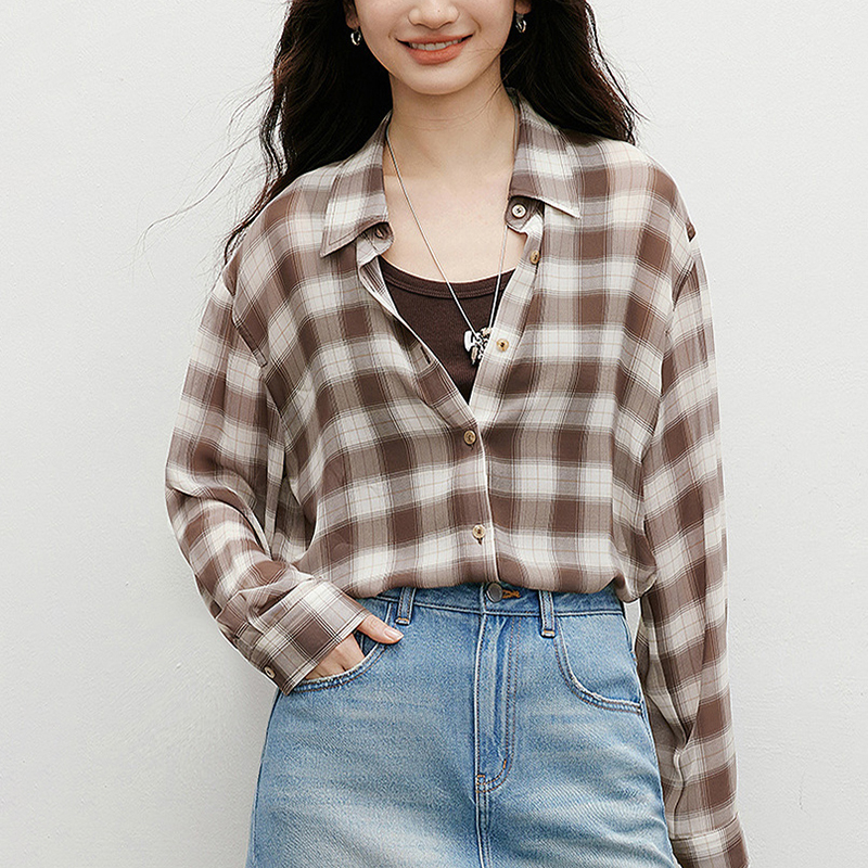 韓系復古格子寬鬆百搭襯衫