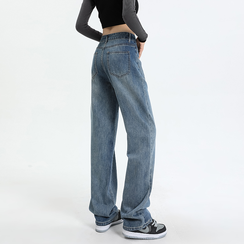 韓系高腰寬鬆設計直筒闊腿牛仔褲